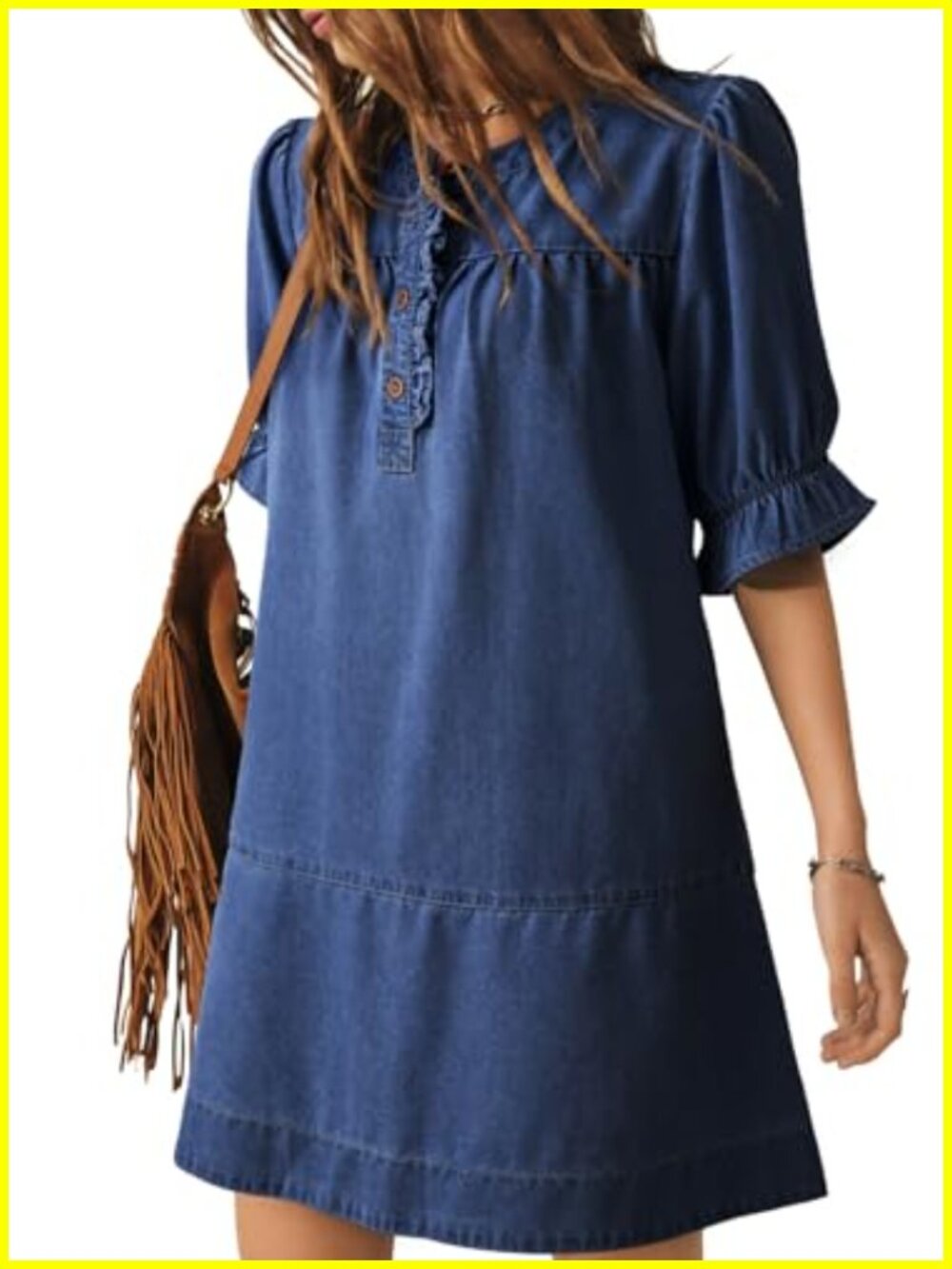 Denim Mini Dress Ruffle Short Sleeve Button A-Line Cowgirl Jean Dress